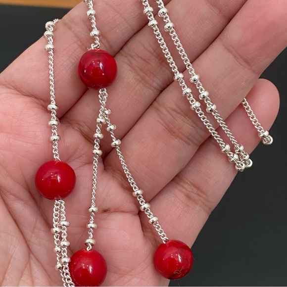 Silver-tone Chain with Red Beads Lariat 24-Inch Necklace 14.2g - Picture 14 of 14